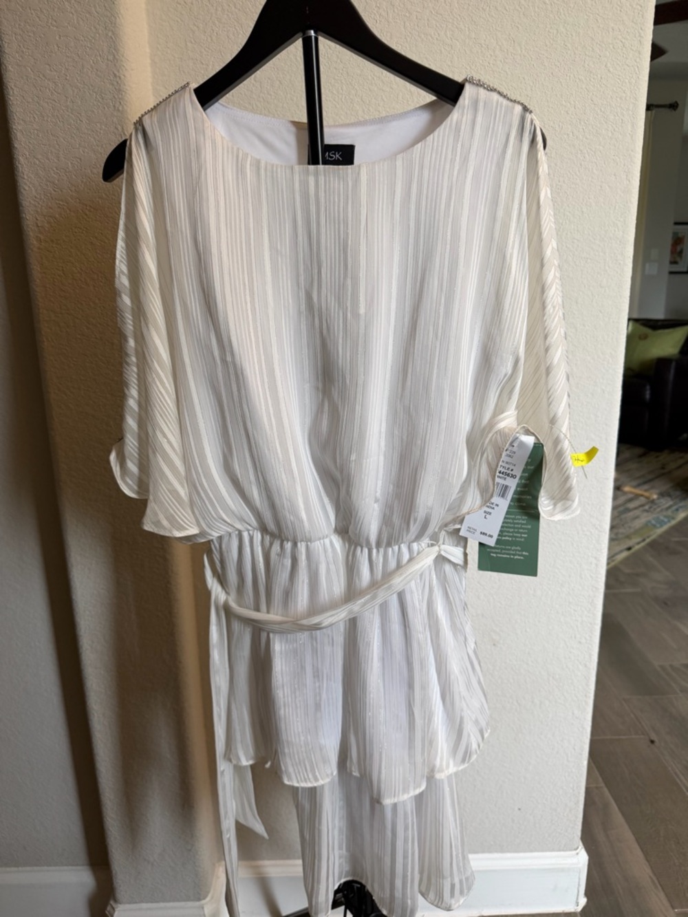MSK White Silver Stripe Belted Sequin Shoulder Short Sleevr Flowy Dress Ruffle L